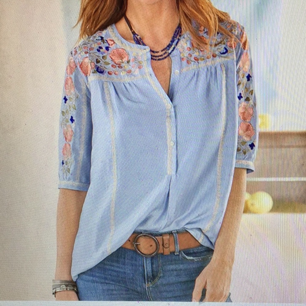 Sundance Light Blue Embroidered Peasant Tunic